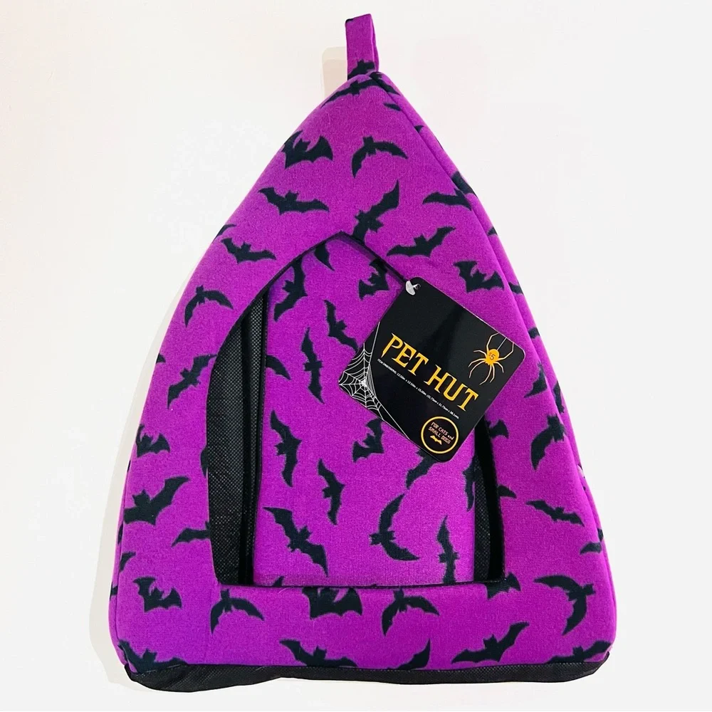 NWT Purple & Black Bat Halloween Goth Cat Small Dog Pet Hut Bed 15”